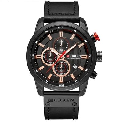 CURREN M8291 Chronograph horloges casual lederen horloge voor mannen (zwart geval zwarte gezicht)