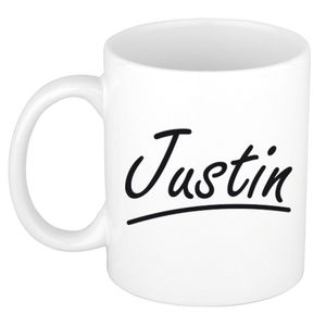 Naam cadeau mok / beker Justin met sierlijke letters 300 ml