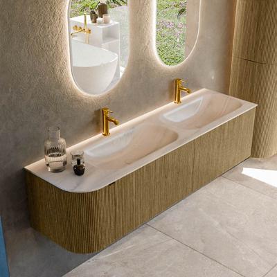 Badmeubel Mondiaz Kurve-Dlux | 165 cm | Meubelkleur Dusk | Wastafelkleur Meli | Solid surface | Dubbel / Rechts spoelbak | 2 kraangaten