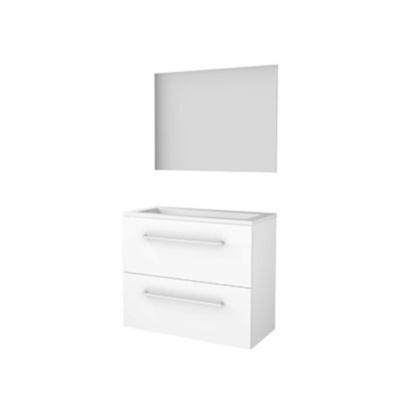 Basic-Line Framed 39 Badkamermeubelset - Ondiep - 80 x 39 cm - Met Grepen - 2 Lades - Acryl Wastafel - Zonder Kraangat - Spiegel met Zwart Aluminium Frame - Ice White