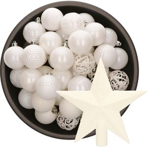 37x stuks kunststof kerstballen 6 cm incl. ster piek wit