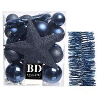 Kerstversiering kerstballen 5-6-8 cm met ster piek en folieslingers pakket donkerblauw van 35x stuks