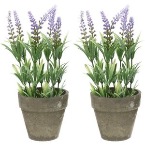 2x Groene/lilapaarse Lavandula/lavendel kunstplanten 25 cm in po