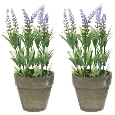 2x Groene/lilapaarse Lavandula/lavendel kunstplanten 25 cm in po