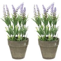 2x Groene/lilapaarse Lavandula/lavendel kunstplanten 25 cm in po - thumbnail