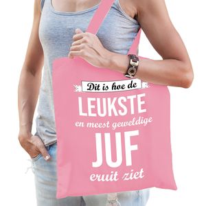 Cadeau tas voor juf - leukste juf - roze - katoen - 42 x 38 cm - juffendag