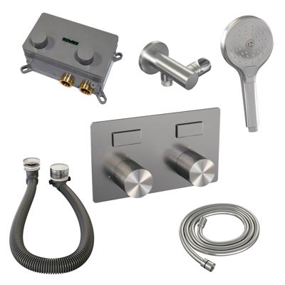 Thermostatische Inbouw Badkraan Brauer Brushed Carving Met Drukknoppen SET 04 Met Badvulcombinatie En 3-Standen Handdouche En Doucheslang En