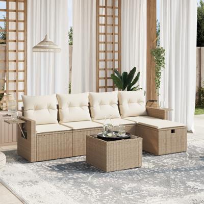 6-delige Loungeset met kussens poly rattan beige