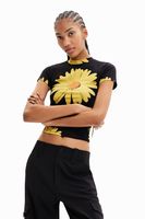 Geribbeld T-shirt met madeliefjes - BLACK - M