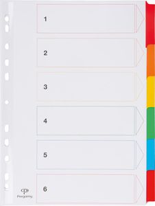 Pergamy tabbladen met indexblad, ft A4, 11-gaatsperforatie, geassorteerde kleuren, 6 tabs