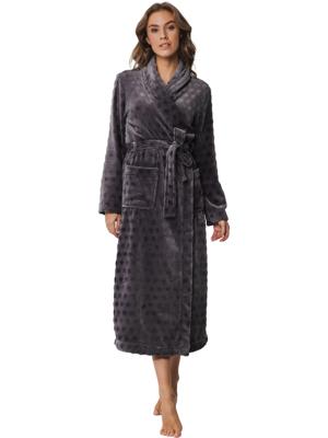 Dames Badjas Fleece - Grijs - Morning Gown - Extra lange warme ochtendjas- Sjaalkraag - Ceintuur