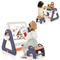 6 In 1 Kindertafel met Stoel en Dubbelzijdig Draaibaar Dienblad Kinderezel in HDPE met 160 Blokken & 6 Markers & 1 Gum Draagvermogen 75kg