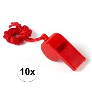 Fluitjes van kunststof - Multipack van 10x stuks - rood - aan koordje - herrie maken - sport