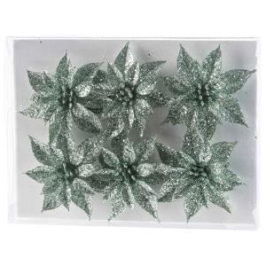 Bloemen op clip - 6x st - mintgroen - glitter - 8 cm - kerstversiering