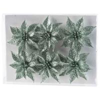 Bloemen op clip - 6x st - mintgroen - glitter - 8 cm - kerstversiering