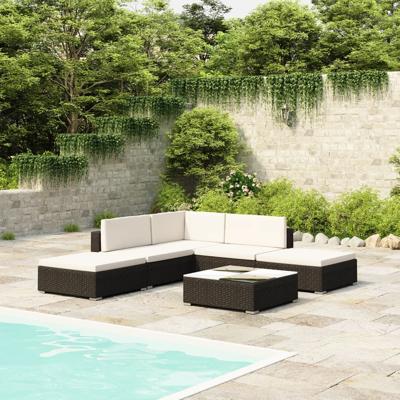 6-delige Loungeset met kussens poly rattan zwart