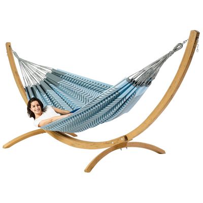 Tweepersoons hangmat met houten standaard - 350x160cm -Blauw - 160kg draagkracht- 100% katoen - binnen & buiten