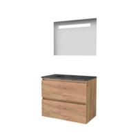 Basic-Line Economic 46 Badkamermeubelset - 80 x 46 cm - Greeploos - 2 Lades - Hardstenen Wastafel - 1 Kraangat - Spiegel met LED Verlichting - Whisky Oak