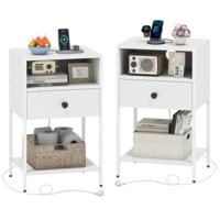 (Set van 2) Nachtkastje met Oplaadstation Industriële Bijzettafel met Open Vak Compact Nachtkastje-Wit