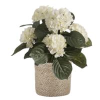 Kunstplant met plantenmand - Hortensia hdrangea - wit - rotan pot - bruin