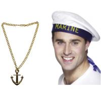 Carnaval verkleed Matrozen hoedje - wit - met gouden anker ketting - volwassenen - thumbnail