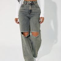 Petite High Waist Straight Leg Mom Jeans - Dark Wash Distressed Denim Multicolor / Petite XS