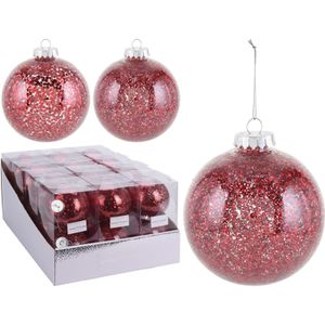 2x Rode sterren/glitter kerstballen 10 cm kunststof