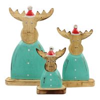 Houten Beelden Rendier Turquoise met Kerstmuts (Set van 3) - thumbnail