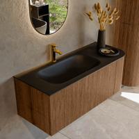 Mondiaz KURVE 115 cm Onderkast Greeploos 1 Lade Met Deuren Walnut, Wastafel Solid Surface Links Urban 1 Kraangat Zonder Spiegel (KRVBGS115R1L1D1KL-Wal/Urb)