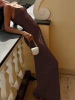 Dark Green Lace Mesh Ruched Slit Elegant Wedding Guest Dress Coffee Brown / XL