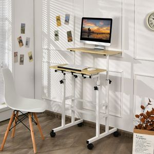 Beweegbaar Staande Bureau in de Hoogte Verstelbaar Zit/Staan Bureau Laptopbureau met 2 Niveaus en Wielen Wit + Naturel