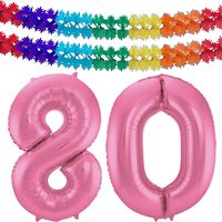 Grote folie ballonnen cijfer 80 in het glimmend roze 86 cm en 2x feestslingers