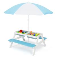 3-In-1 Picknicktafelset met Parasol en Banken voor Kinderen Kindermeubelset voor Tuin Achtertuin Terras Speeltafel Multicolor