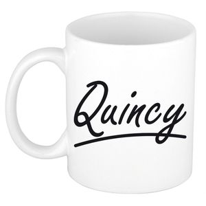 Naam cadeau mok / beker Quincy met sierlijke letters 300 ml