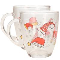 Kerst mok/beker - 2x stuks - met kerstmutsen - glas - 300 ml - kerstbekers - kerstartikelen