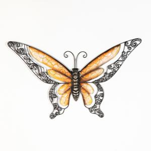 Wanddecoratie vlinder - oranje - 49 x 28 cm - metaal - muurdecoratie/schutting