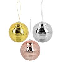 Disco spiegelballen set 3x stuks - mix kleuren - Dia 15 cm - Seventies/eighties thema versiering - thumbnail