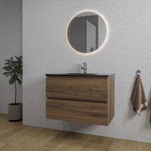 Adema Chaci Badkamermeubelset - 80x46x55cm - 1 keramische wasbak zwart - 1 kraangat - 2 lades - ronde spiegel met verlichting - noten (hout) SW718697/SW761655/SW108328