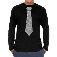 Verkleed shirt voor heren - stropdas glitter zilver - zwart - carnaval - foute party - longsleeve