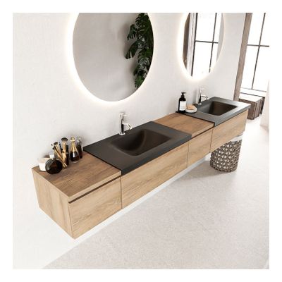 Mondiaz Bukla 240cm badmeubel met module 40 rechts kleur washed oak 4 lades met dubbele wastafel 2 kraangaten kleur urban