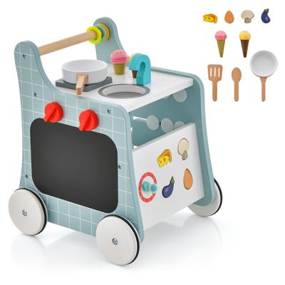 6-In-1 Loopwagen van Hout met Speelkeuken Leerklok Aanpassing en Beweegbare Schuiver Kinderkeuken Babywalker met Wielen