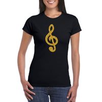 Gouden muziek noot G-sleutel / muziek feest t-shirt / kleding zwart dames - thumbnail