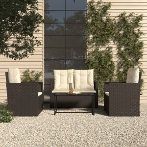 4-delige Loungeset met kussens poly rattan zwart