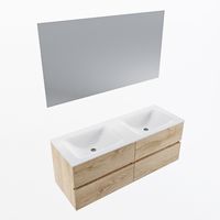 MONDIAZ VICA 130cm badmeubel onderkast Washed Oak 4 lades. Wastafel CLOUD dubbel 2 kraangaten, kleur Talc met spiegel LED. - thumbnail