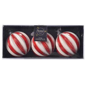 3x stuks luxe glazen kerstballen brass rood/wit gestreept met glitter 8 cm - Kerstbal