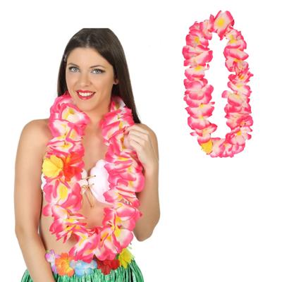 Hawaii krans/slinger - 2x - Tropische kleuren roze - Grote bloemen hals slingers - verkleed