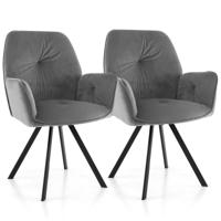 Set van 2 Fluwelen Stoel 360 Graden Draaistoel met Metalen Poten/Brede Rugleuning/Ergonomische Armleuningen Grijs