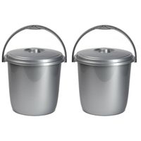 2x Schoonmaakemmers/vuilnisemmers 15 liter zilver - Emmers - thumbnail