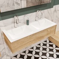 Mondiaz Lush Cloud badmeubel eiken licht 120 cm 1 lade solid surface dubbele spoelbak 2 kraangaten