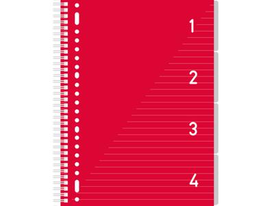 4 in 1 Schrijfblok A4, gelinieerd Rood